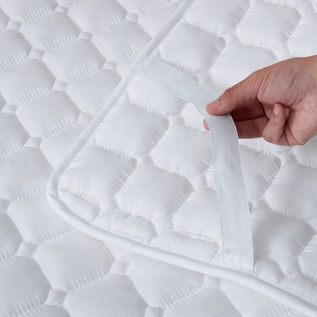 protège matelas douceur géométrique blanc bande élastique maintenue par main
