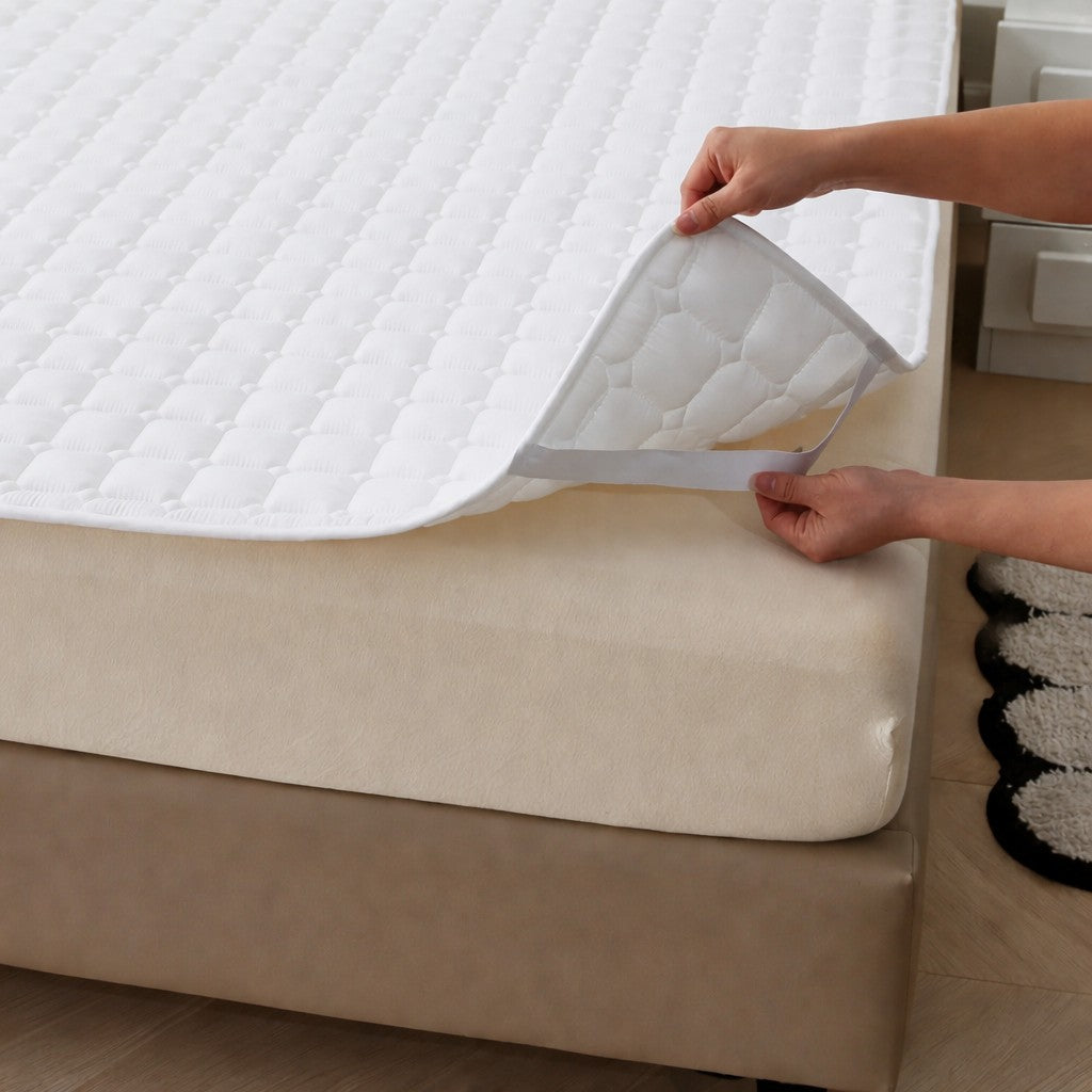 protège matelas douceur géométrique blanc sangles élastique coin lit 1