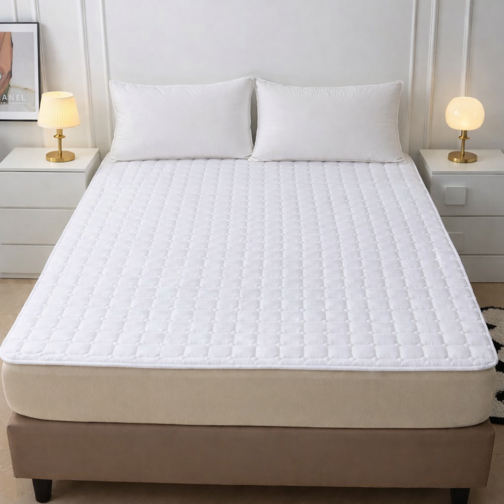 protège matelas douceur géométrique blanc sur lit double